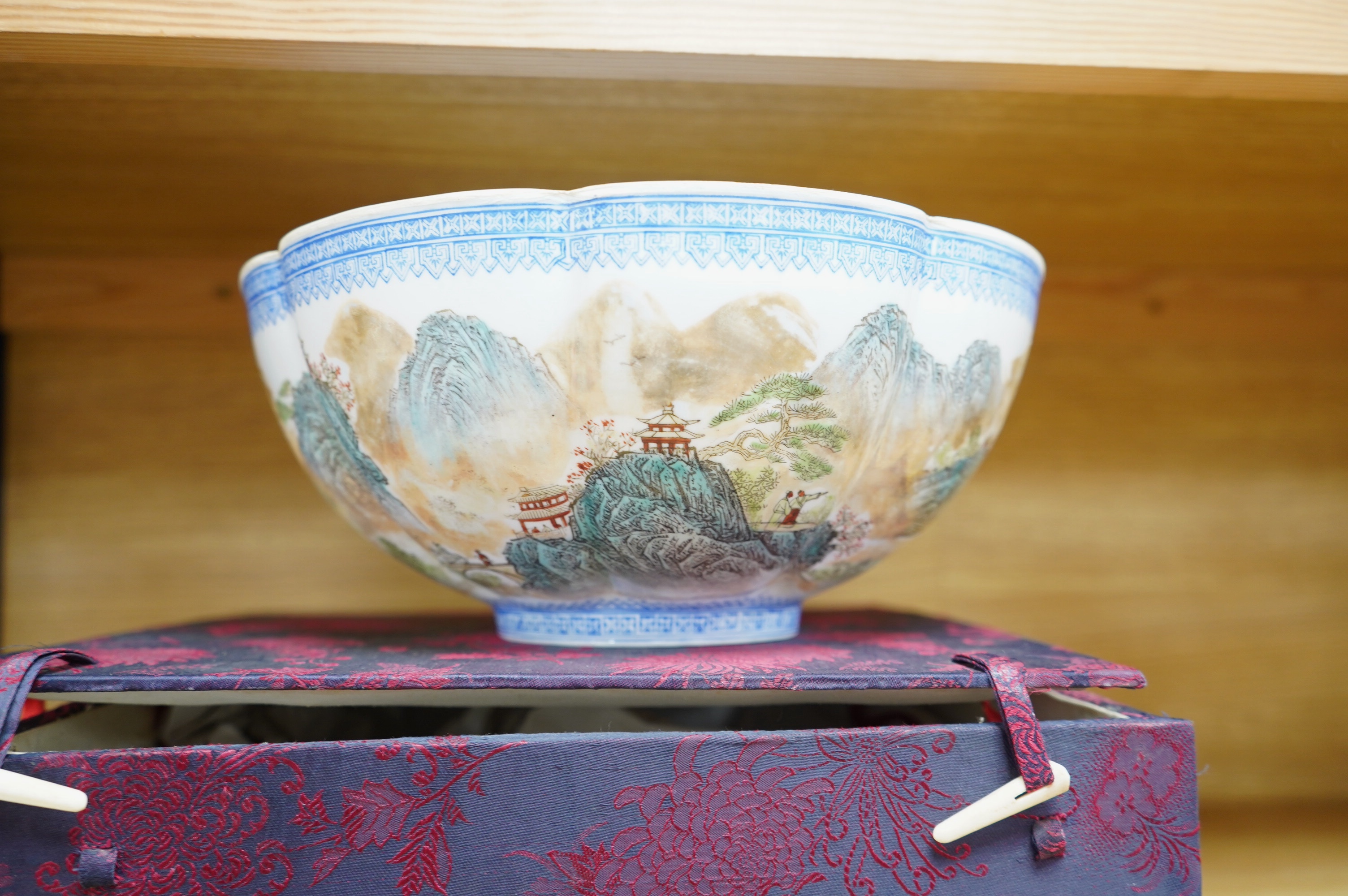 An early to mid 20th century Chinese eggshell porcelain bowl, 27cm diameter, boxed. Condition - good